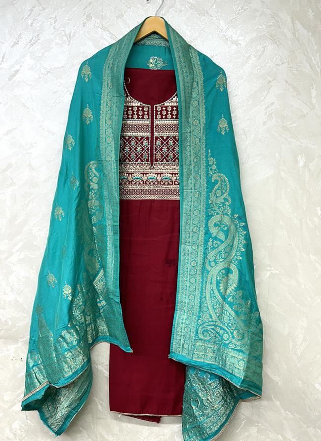 Pure Modal Maroon Traditional Wear Hand Work Punjabi Dress Material